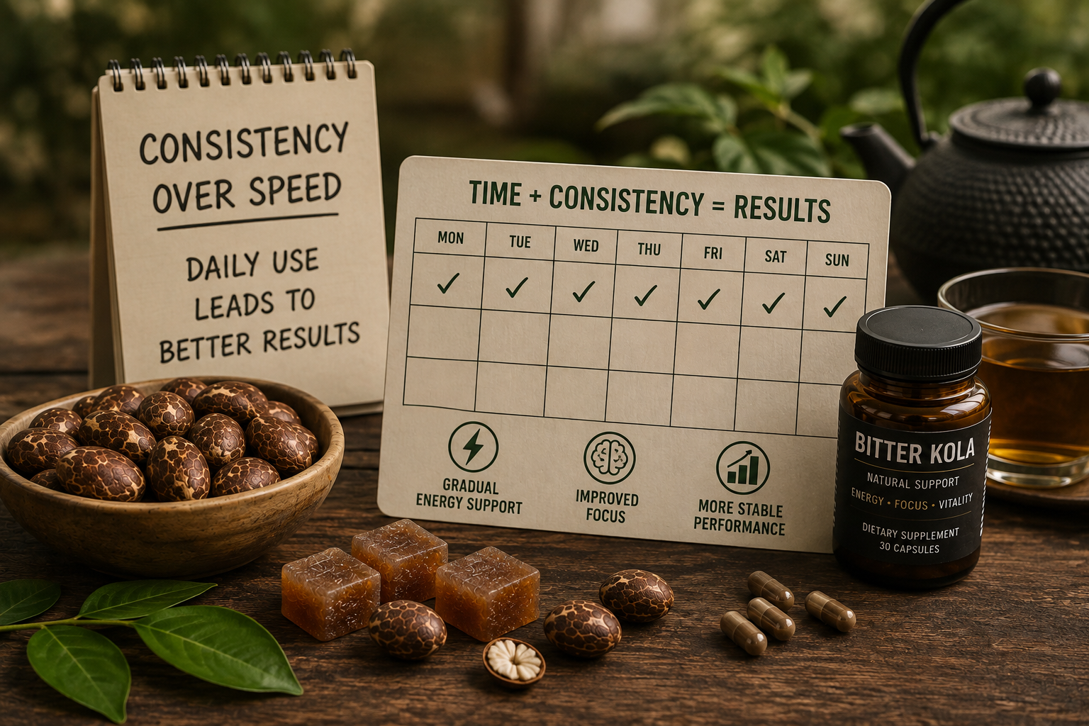 Bitter Kola gummies and nuts illustrating consistent daily use for lasting results.