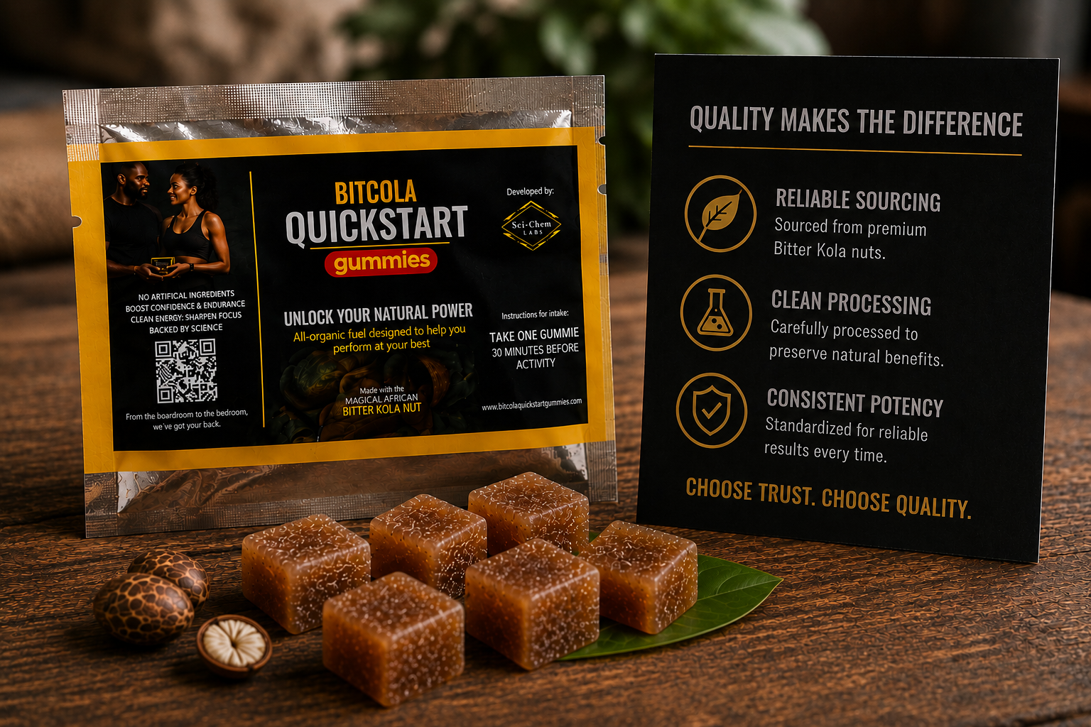 BITCOLA QuickStart Gummies with premium quality and sourcing information.
