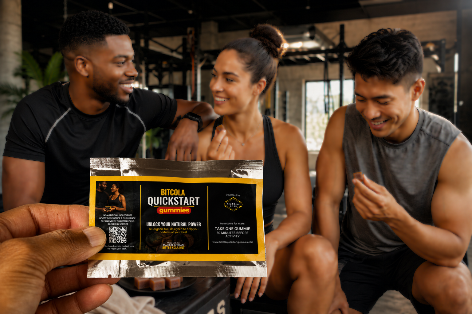 Young adults enjoying Bitter Kola gummies as part of a modern wellness lifestyle.