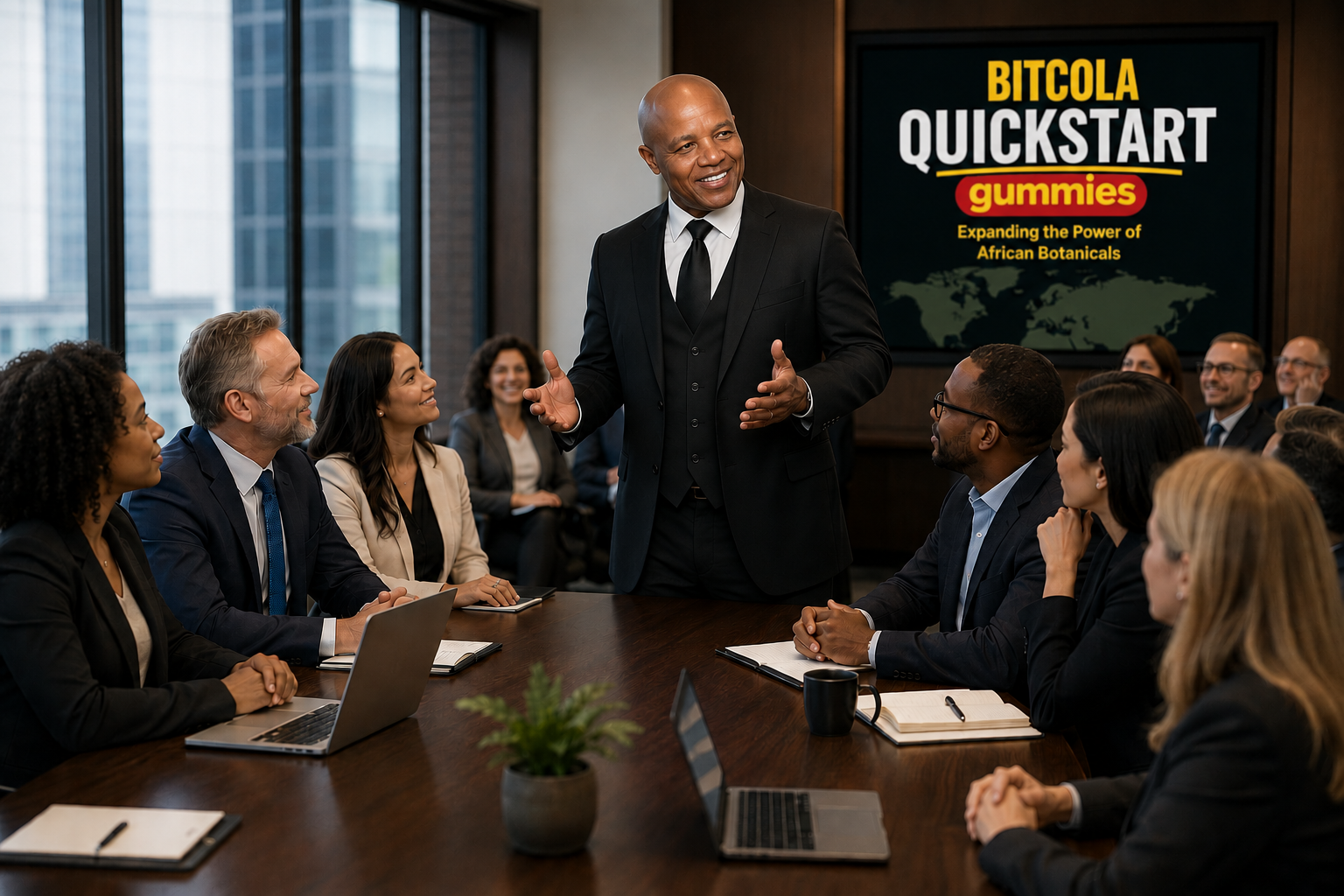 Tony Atabong discussing BITCOLA and Bitter Kola with business professionals.
