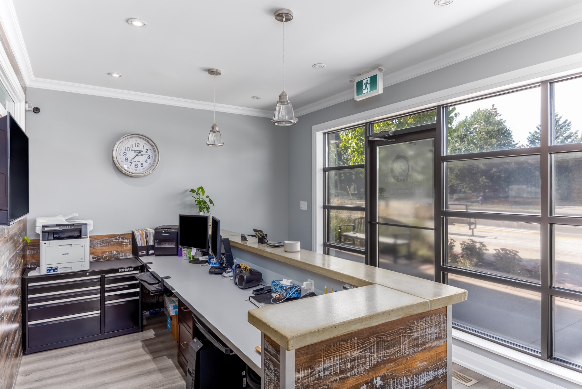 A bright interior with seating and natural light