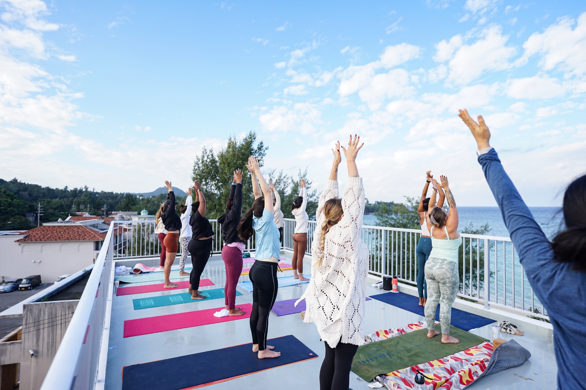 Rooftop yoga session overlooking the ocean