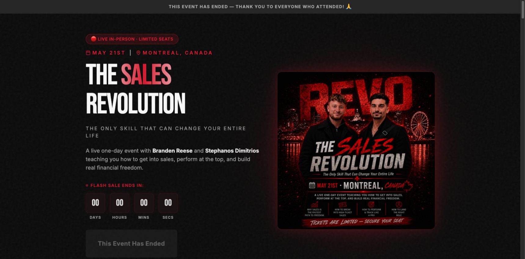 The Sales Revolution event landing page with hero hook, event identity, date, and Montreal location