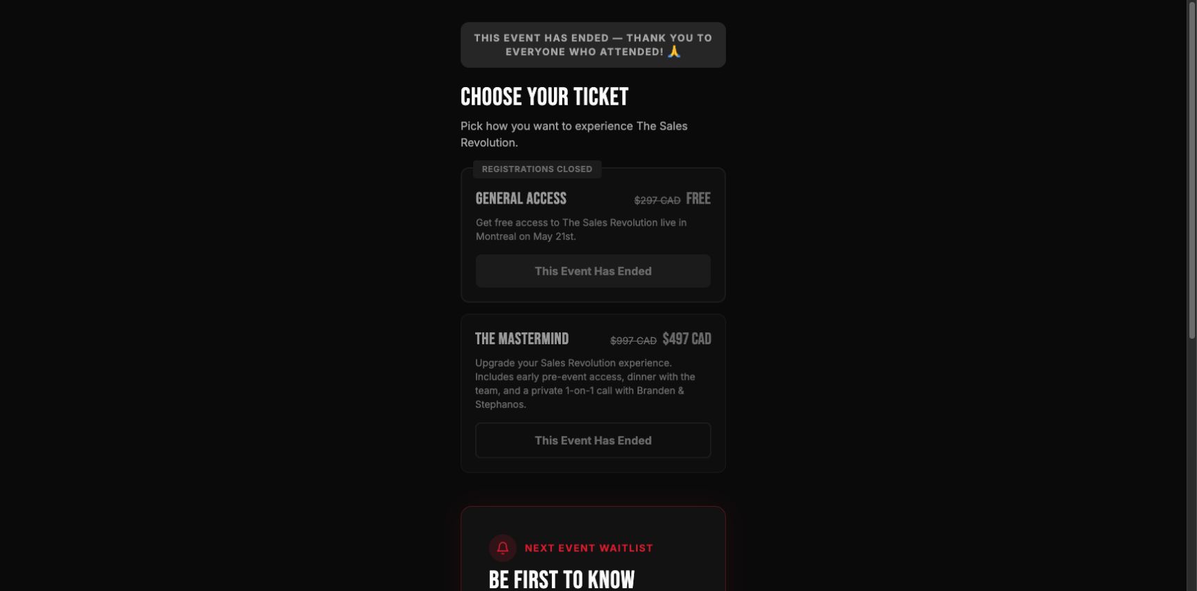 Sales Revolution ticket page with General Access and Mastermind options