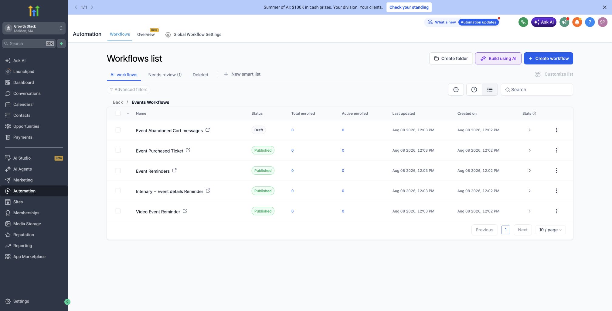 The Sales Revolution workflow library showing automation sequences
