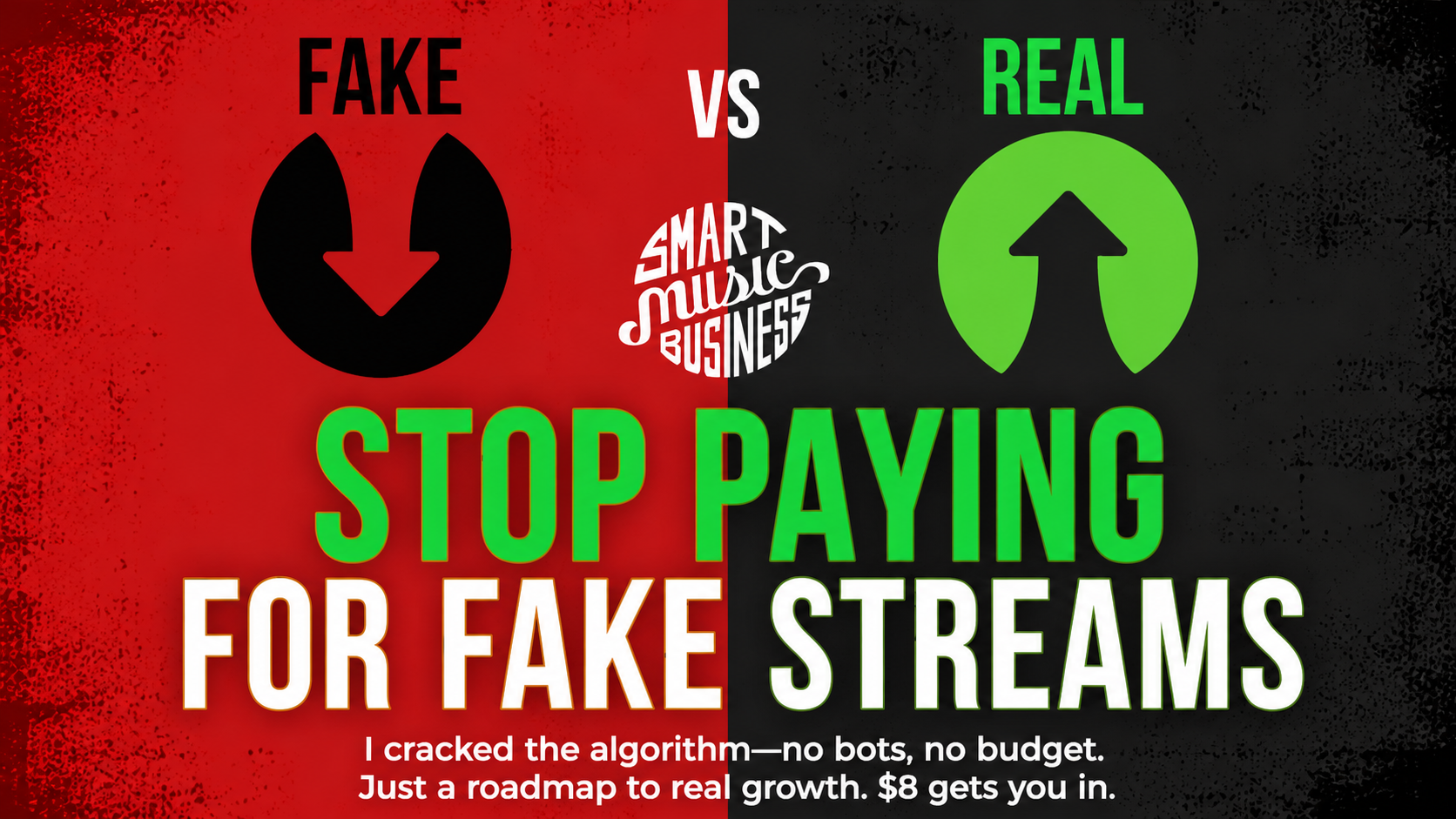 YouTube thumbnail: Stop Paying for Fake Streams — Music Growth campaign