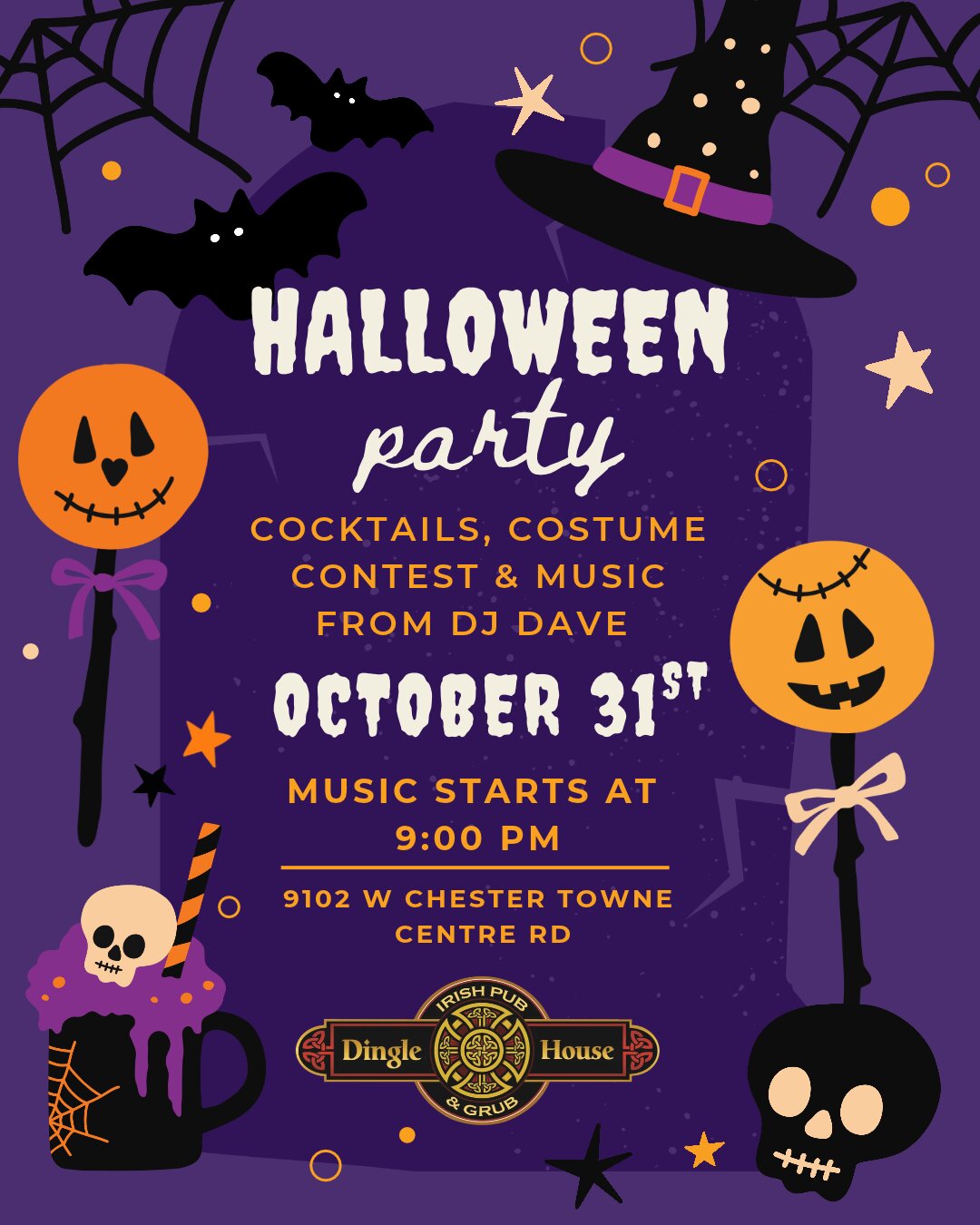 Halloween Party at Dingle House, October 31st, cocktails, costume contest and music from DJ Dave starting at 9 PM
