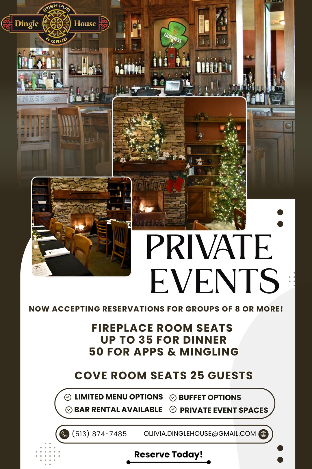 Private events at Dingle House: Fireplace Room seats 35 for dinner or 50 for apps, Cove Room seats 25