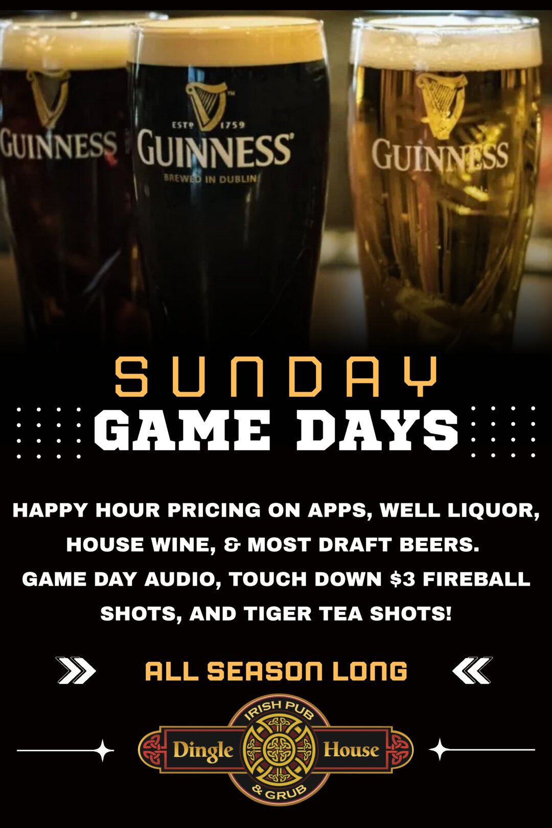 Sunday Game Days all season long, happy hour pricing on apps, well liquor, house wine and most draft beers