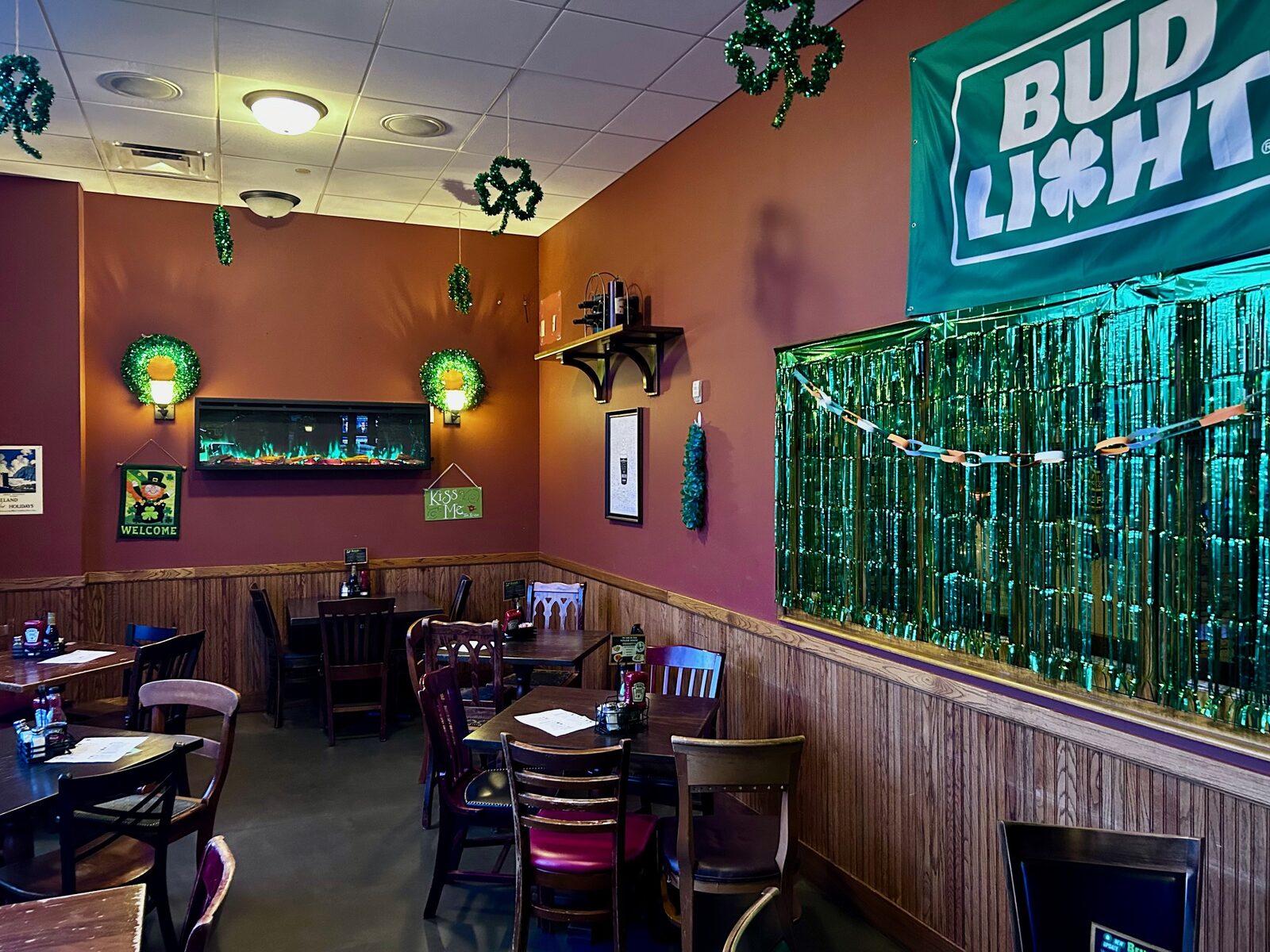 Dining room decorated in green for St. Patrick's Day