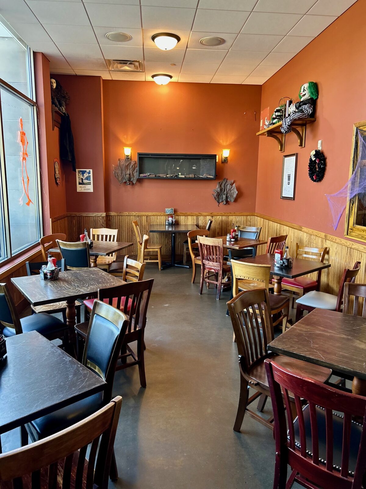 Main dining room with wood tables