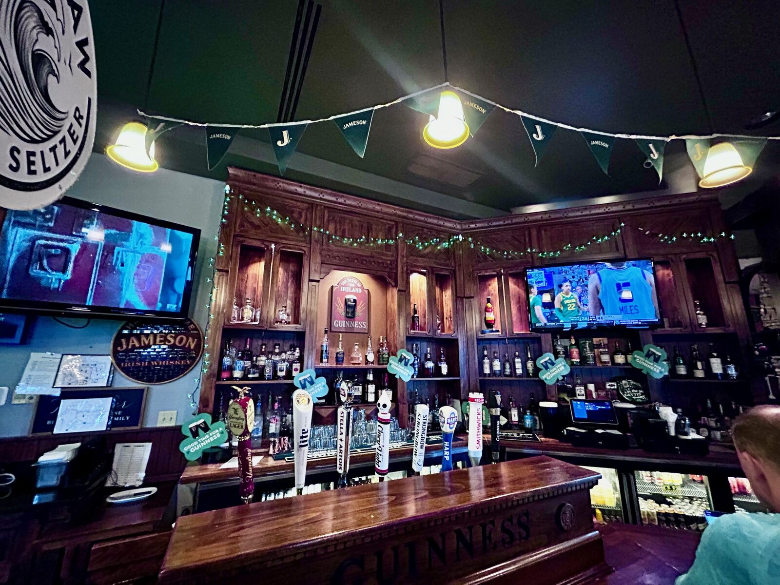 The bar decorated for St. Patrick's Day