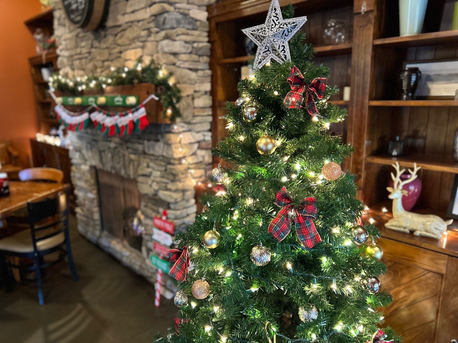 Stone fireplace and Christmas tree