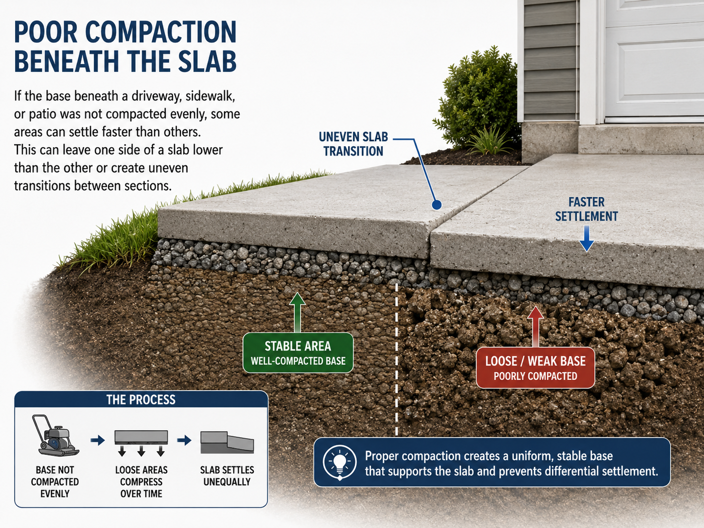 inographic explaining how poorly compacted soil can lead to concrete slab damage