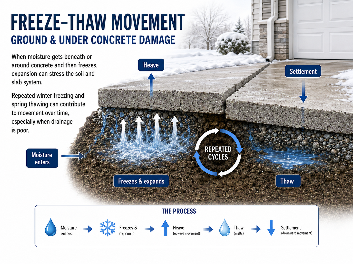 info graphic on how freeze-thaw cycles in omaha can cause damage soil under concrete