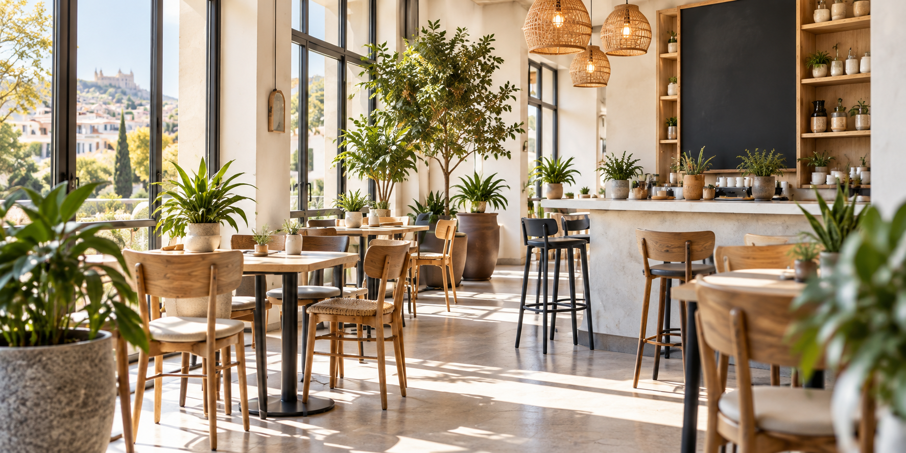 Cafetería luminosa con mesas de madera y grandes ventanales