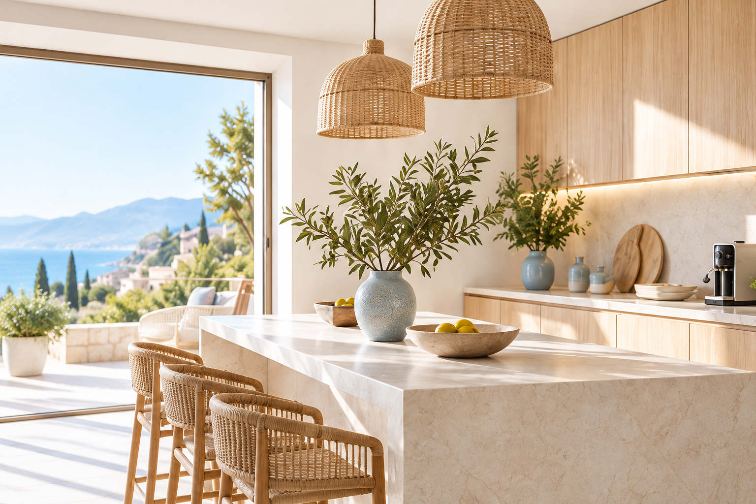 Cocina luminosa con isla de piedra clara y muebles de madera
