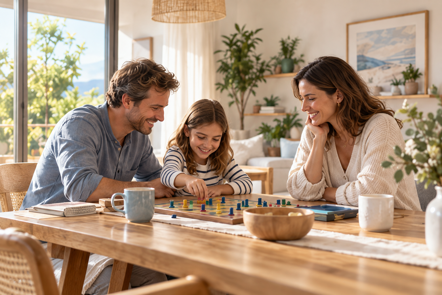 Familia disfrutando de un juego de mesa en un hogar luminoso