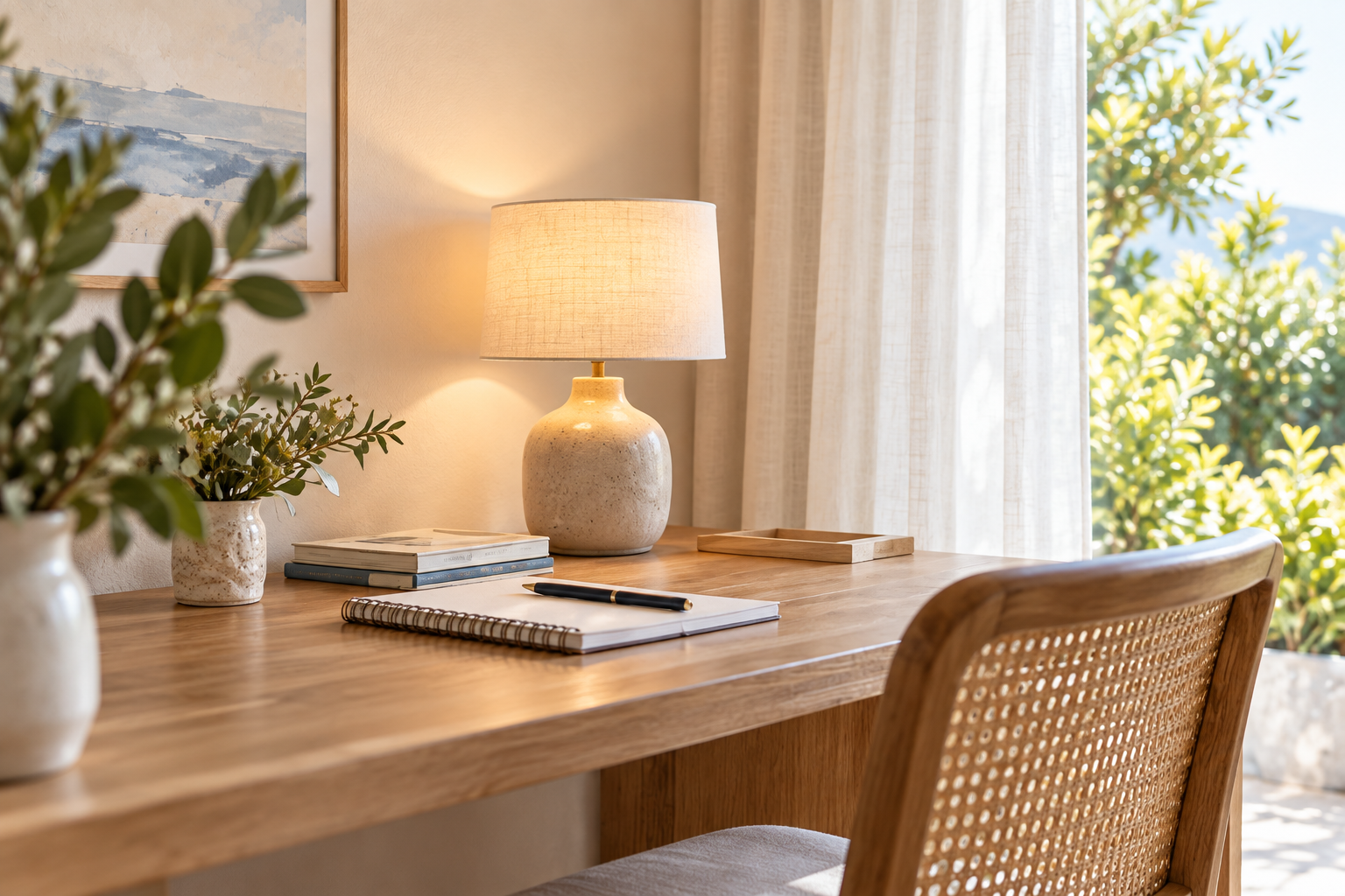 Escritorio de madera con lámpara encendida junto a una ventana