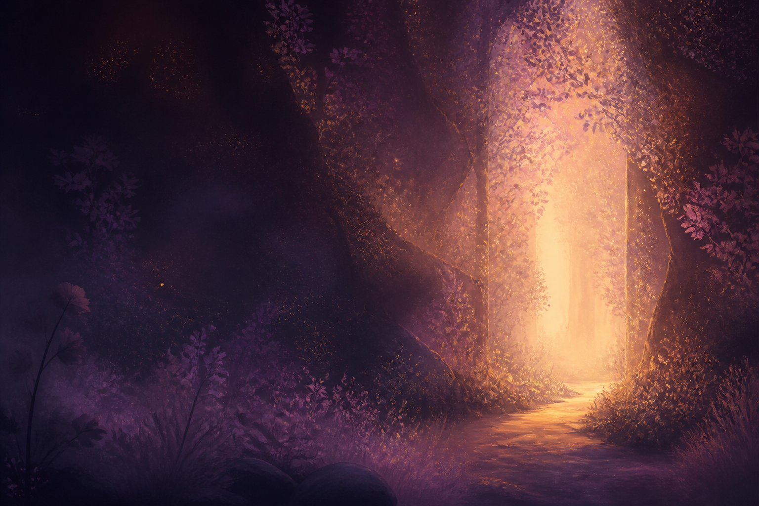 A luminous woodland threshold opening into warm golden light