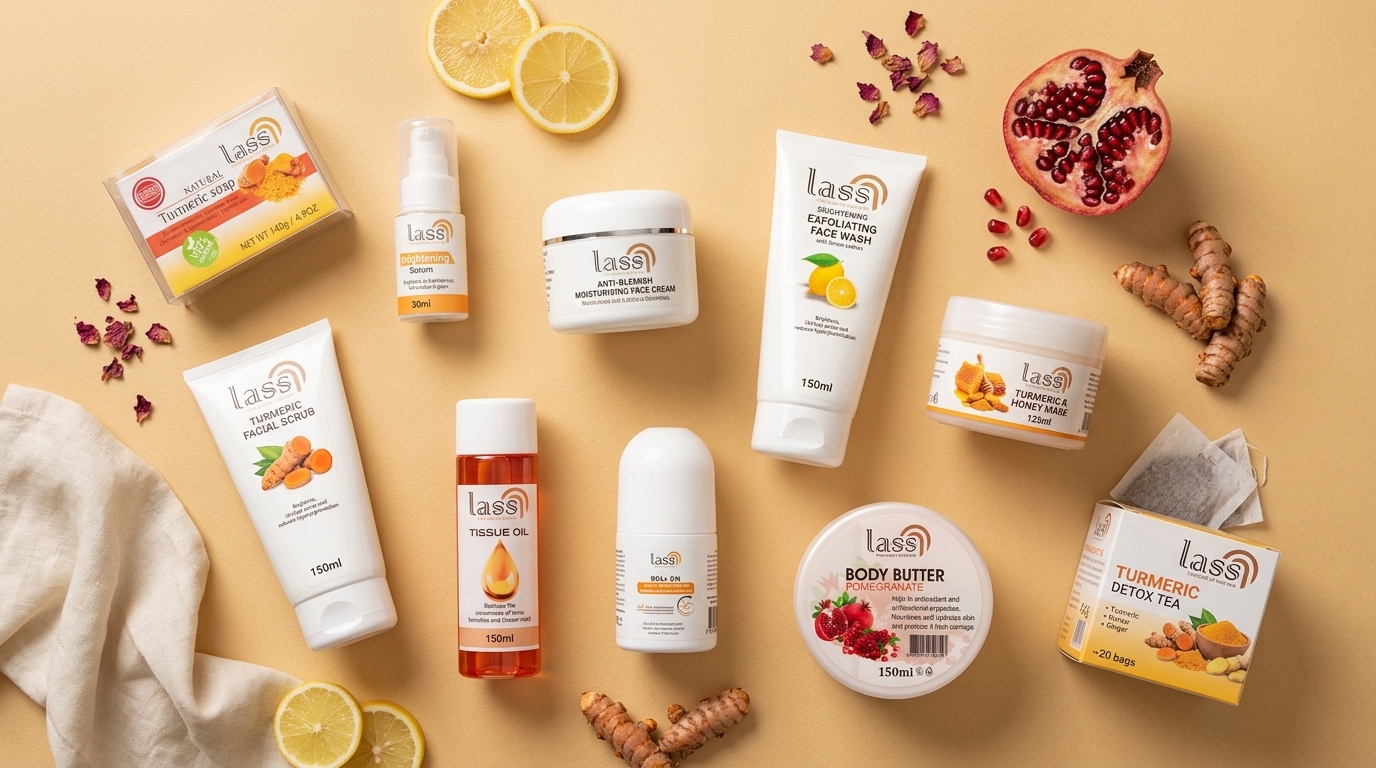 The full Lass Skincare range, ten products arranged as a premium flat-lay