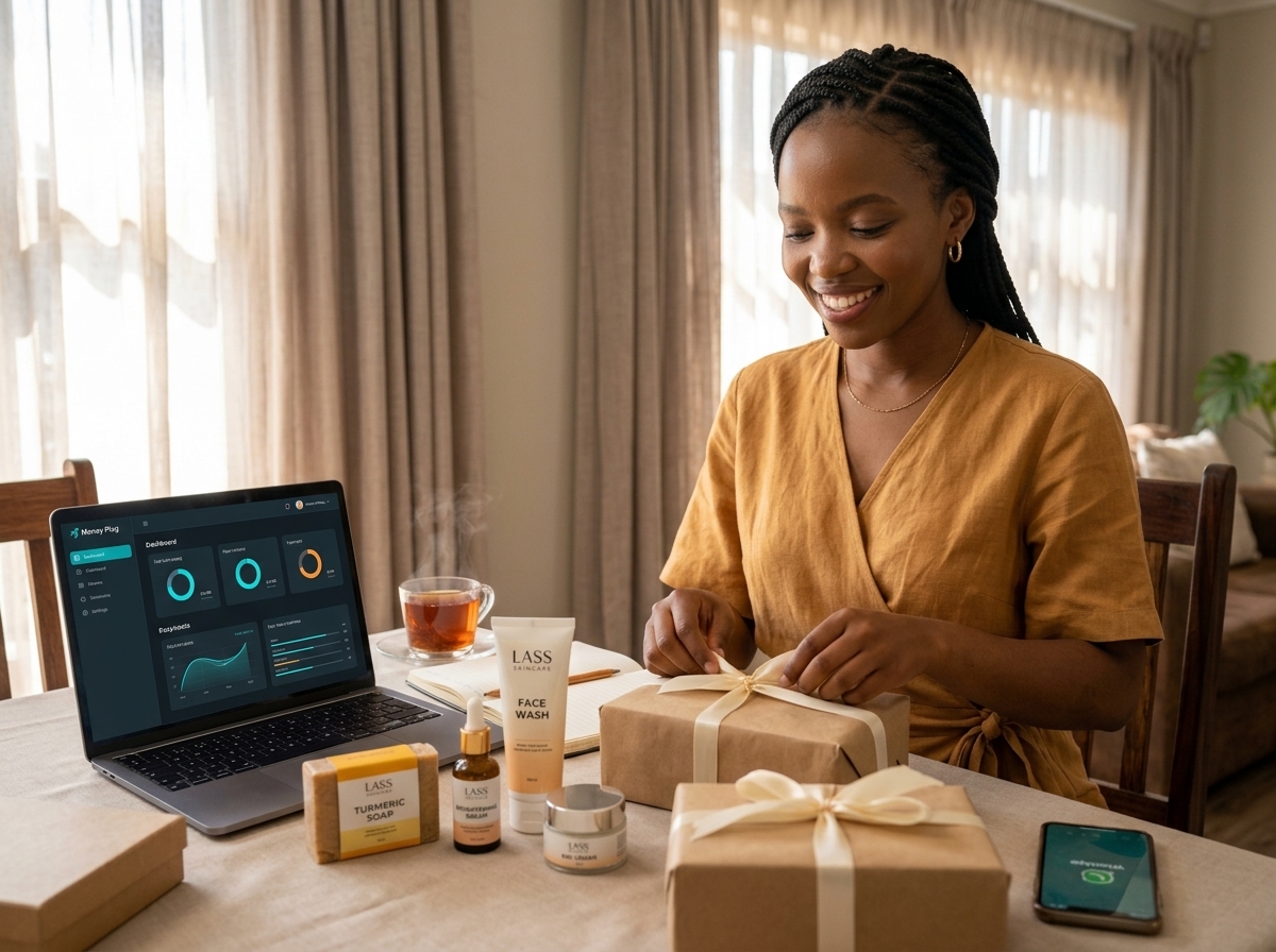 Bonang packing Lass Skincare orders at her dining table in Boksburg