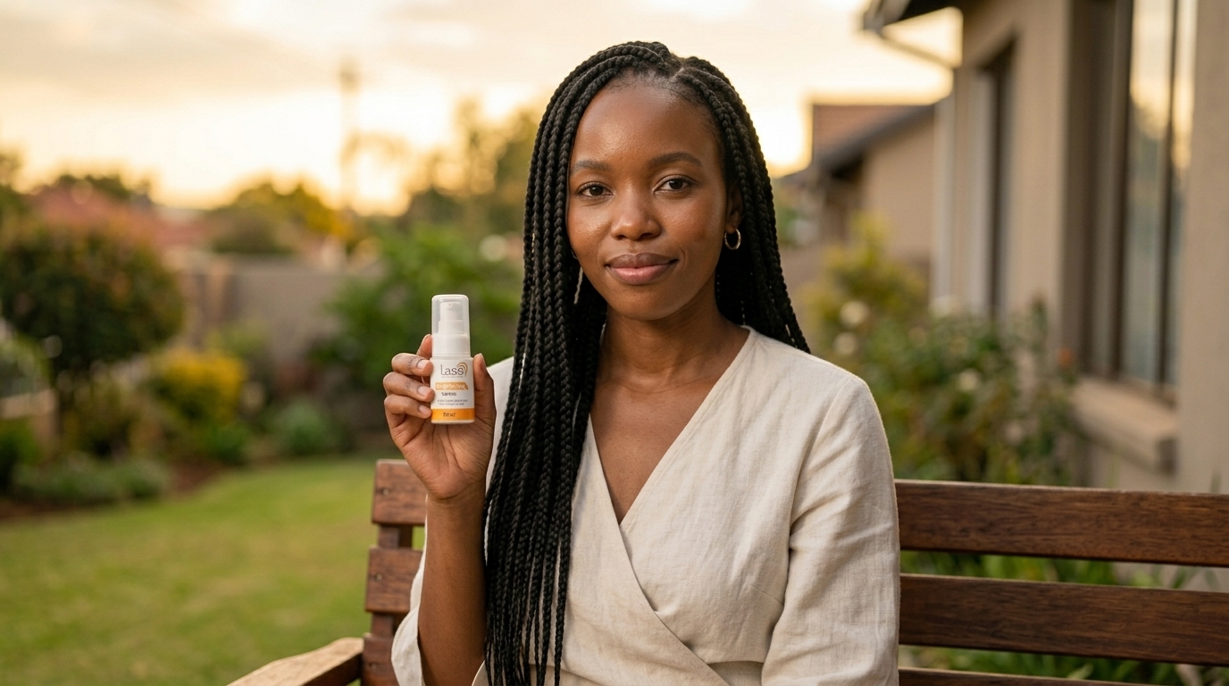 Bonang glowing at golden hour holding the Lass Vitamin C Brightening Serum