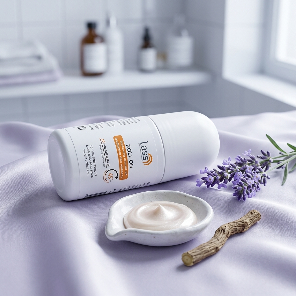 Lass Brightening Roll-On with Alpha Arbutin and lavender sprigs