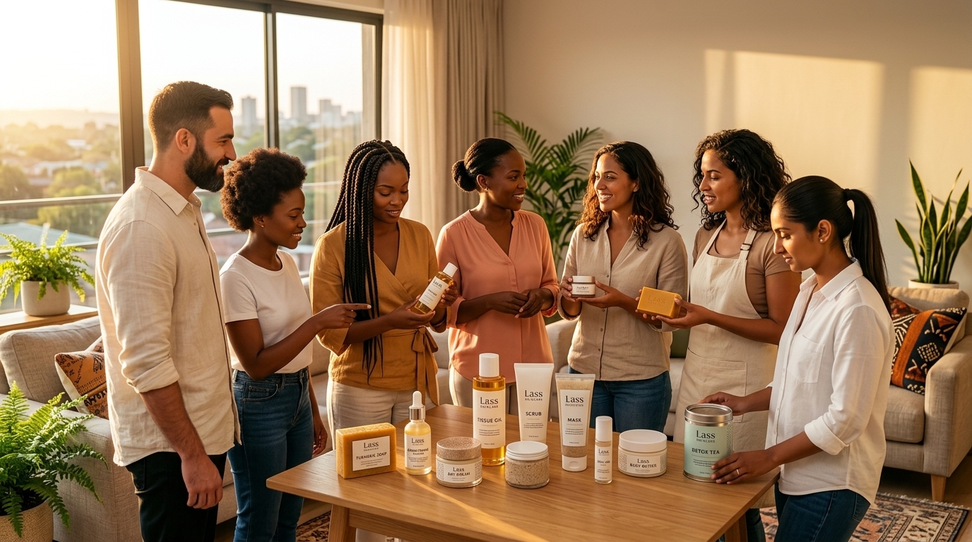 The Money Plug team with Lass customers in a warm SA wellness setting