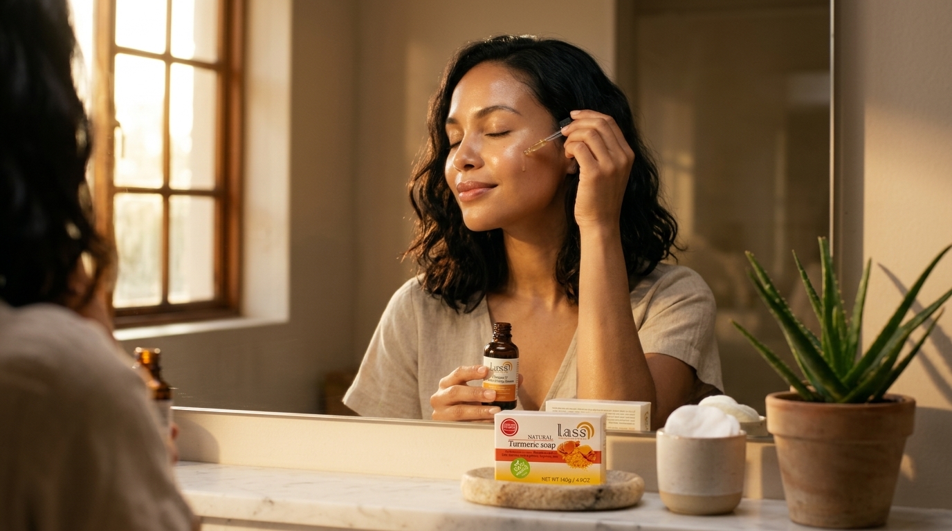 Jade applying Lass Vitamin C Brightening Serum at a sunlit Boksburg bathroom mirror