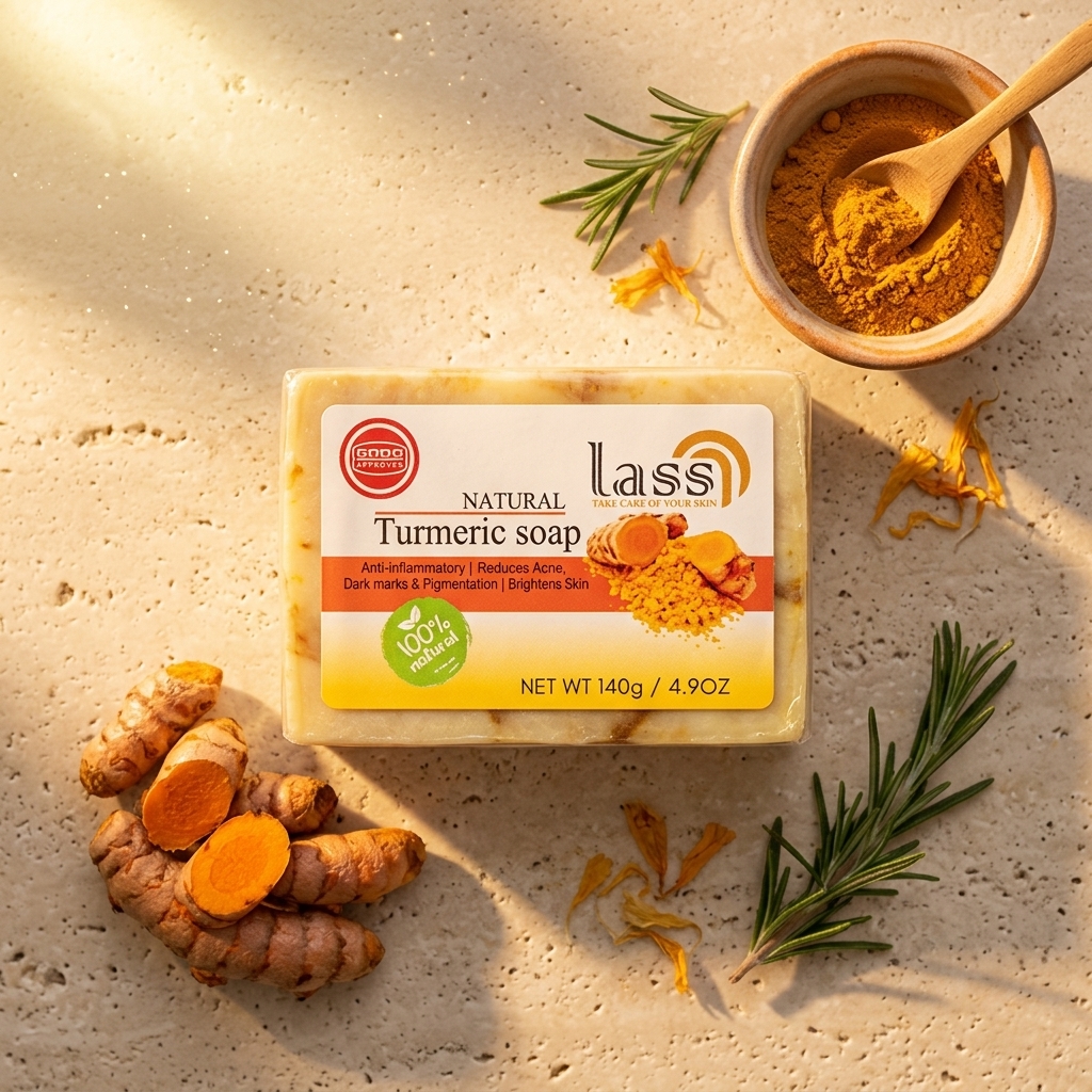 Fresh turmeric root with Lass Natural Turmeric Soap