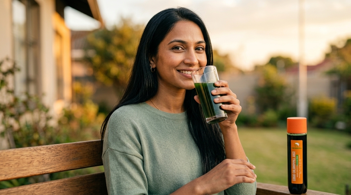 Nikita drinking True Organics liquid chlorophyll juice on a Boksburg stoep at golden hour