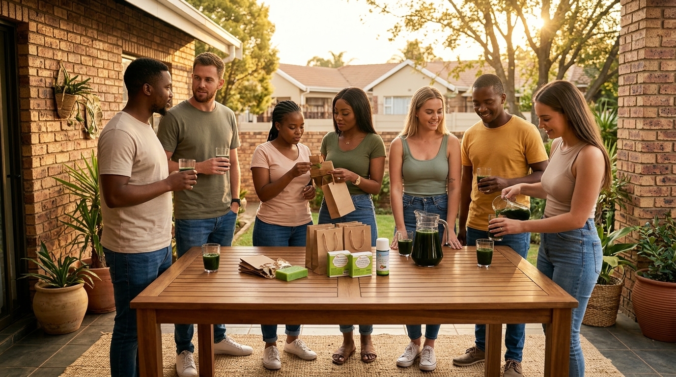 Money Plug team with True Organics customers sharing the chlorophyll juice on a Boksburg suburban patio