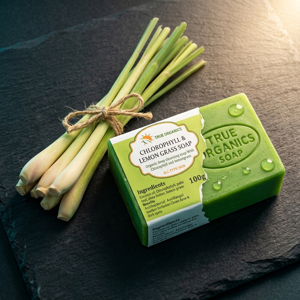 Fresh lemongrass stalks beside the True Organics Chlorophyll & Lemongrass soap bar
