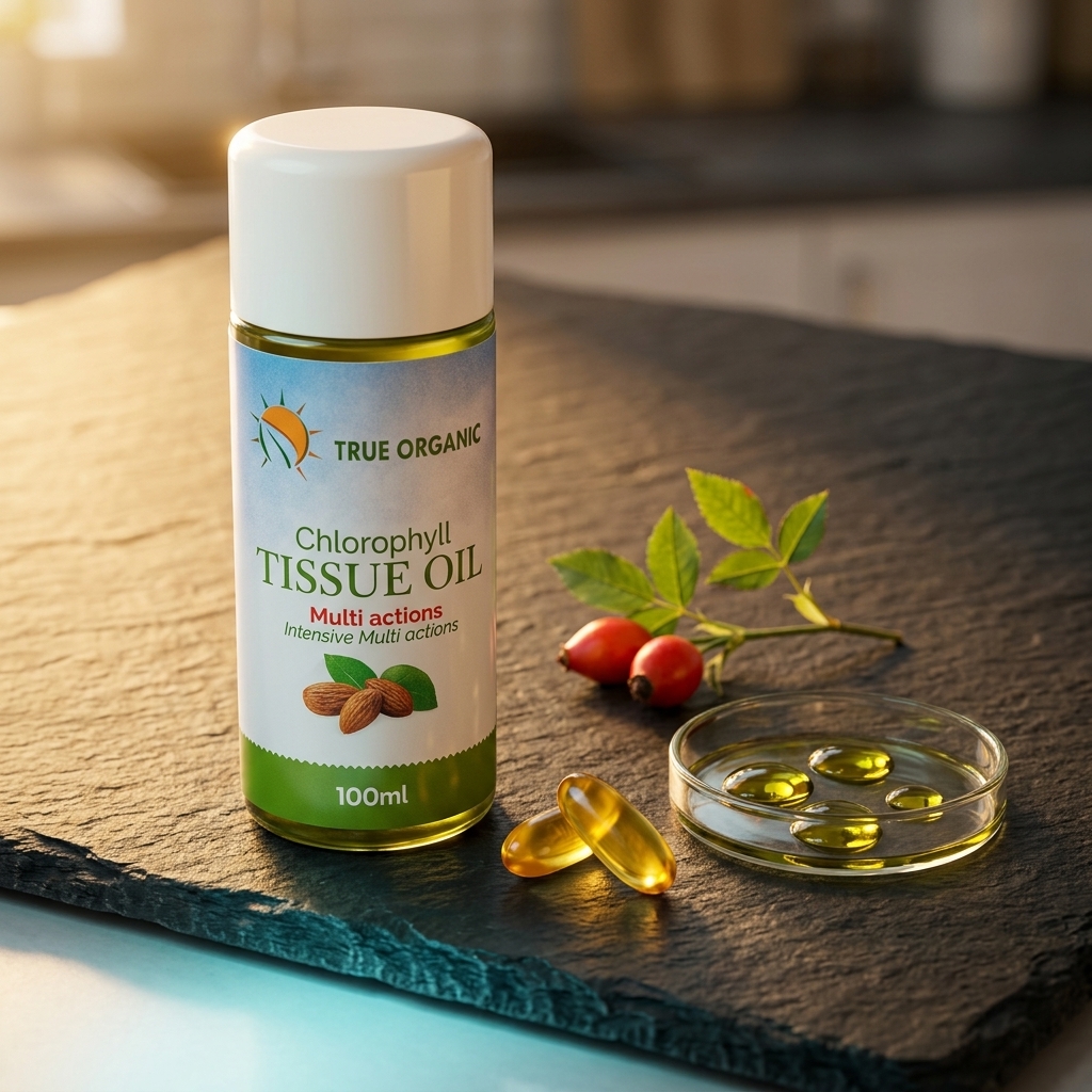 Vitamin E softgels and plant oil beside the True Organics Chlorophyll Tissue Oil bottle