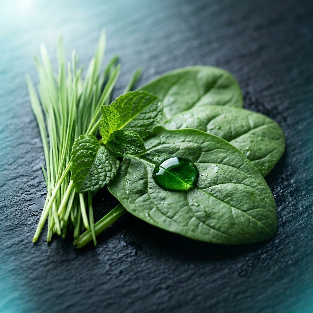 Fresh dark leafy greens with a bead of deep chlorophyll-green liquid — the natural source of chlorophyll