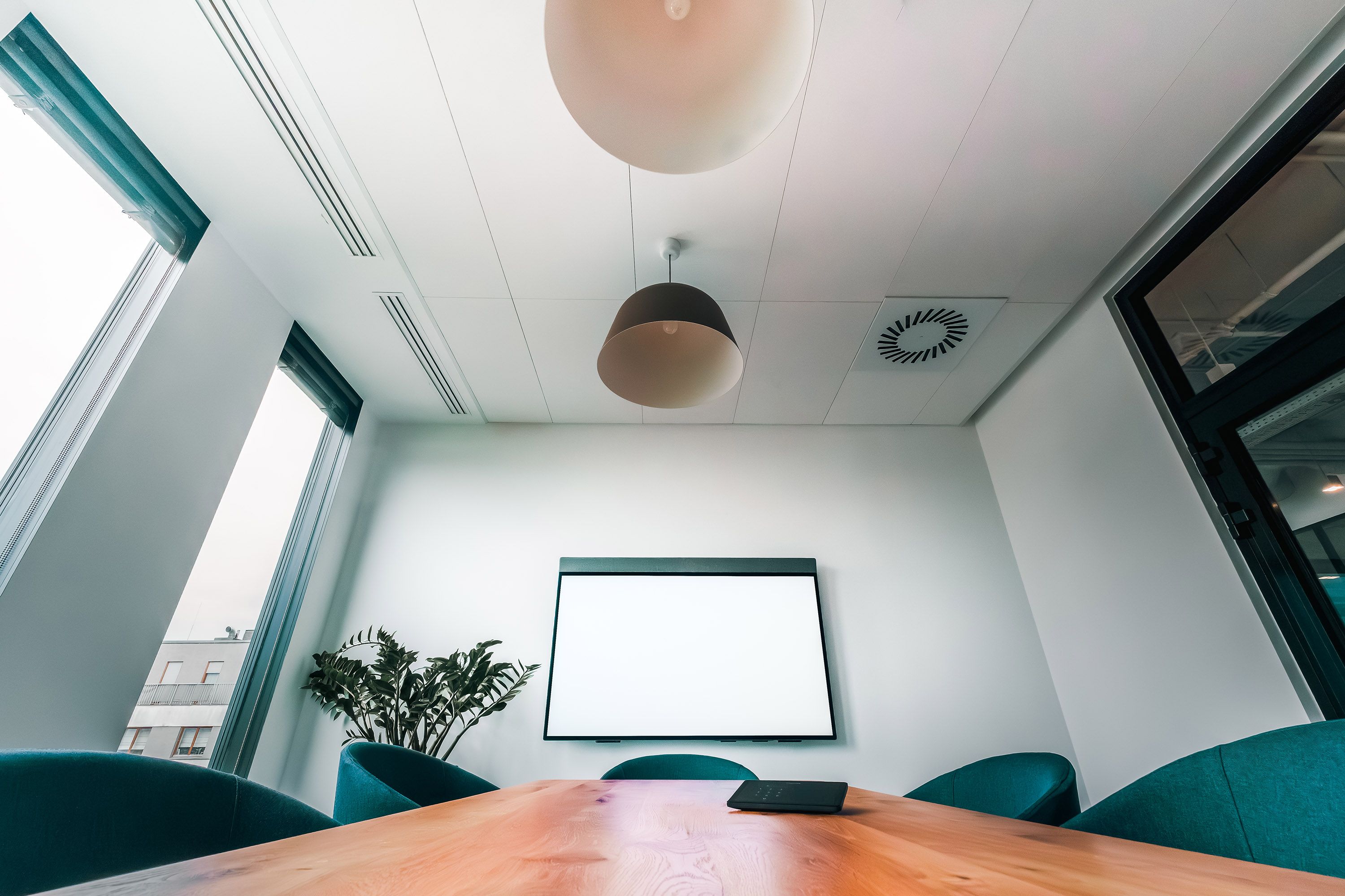 Modern conference room with presentation screen