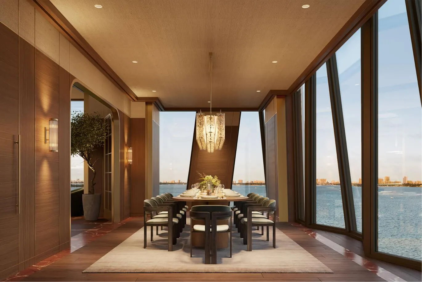 A private dining room with a long table and bay views