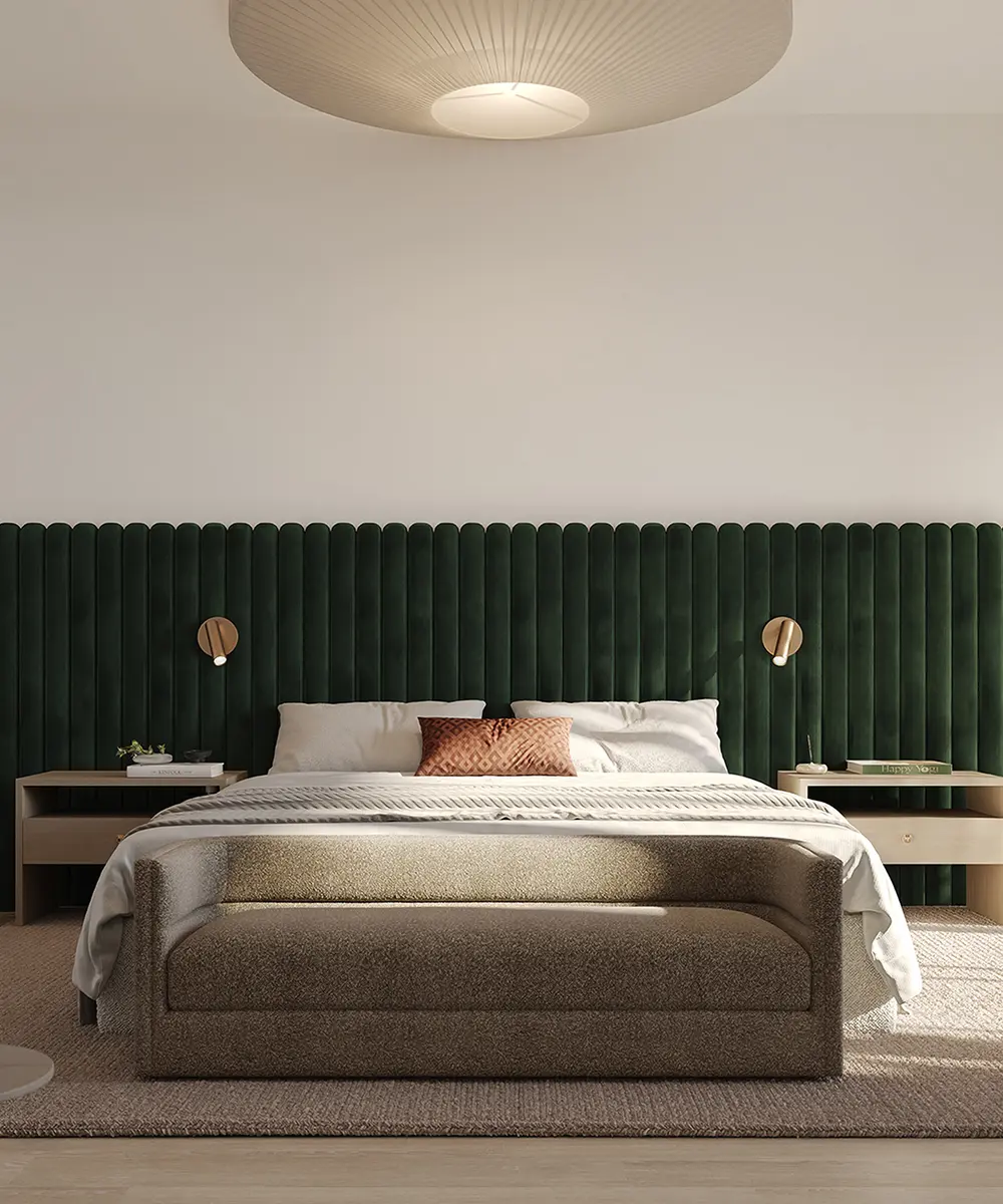 Rendering of a calm primary bedroom with natural light