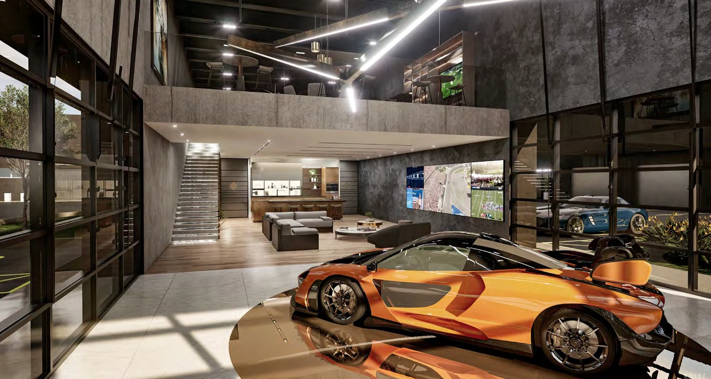 Rendering of the CollectionSuites clubhouse lounge with a sports car, sofas and screens