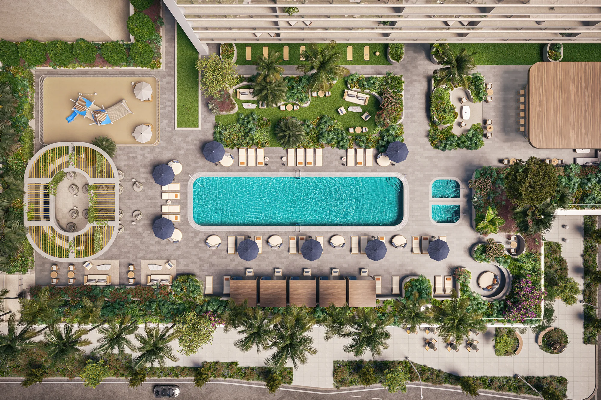 Aerial rendering of the Level 8 garden lap pool and cabanas
