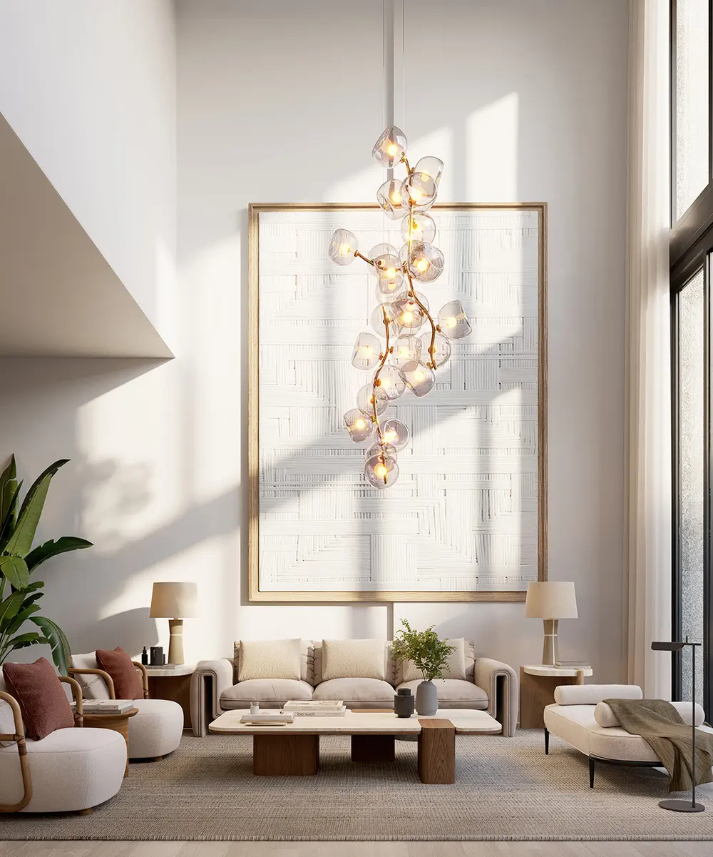 Rendering of a loft living space with a double-height window wall