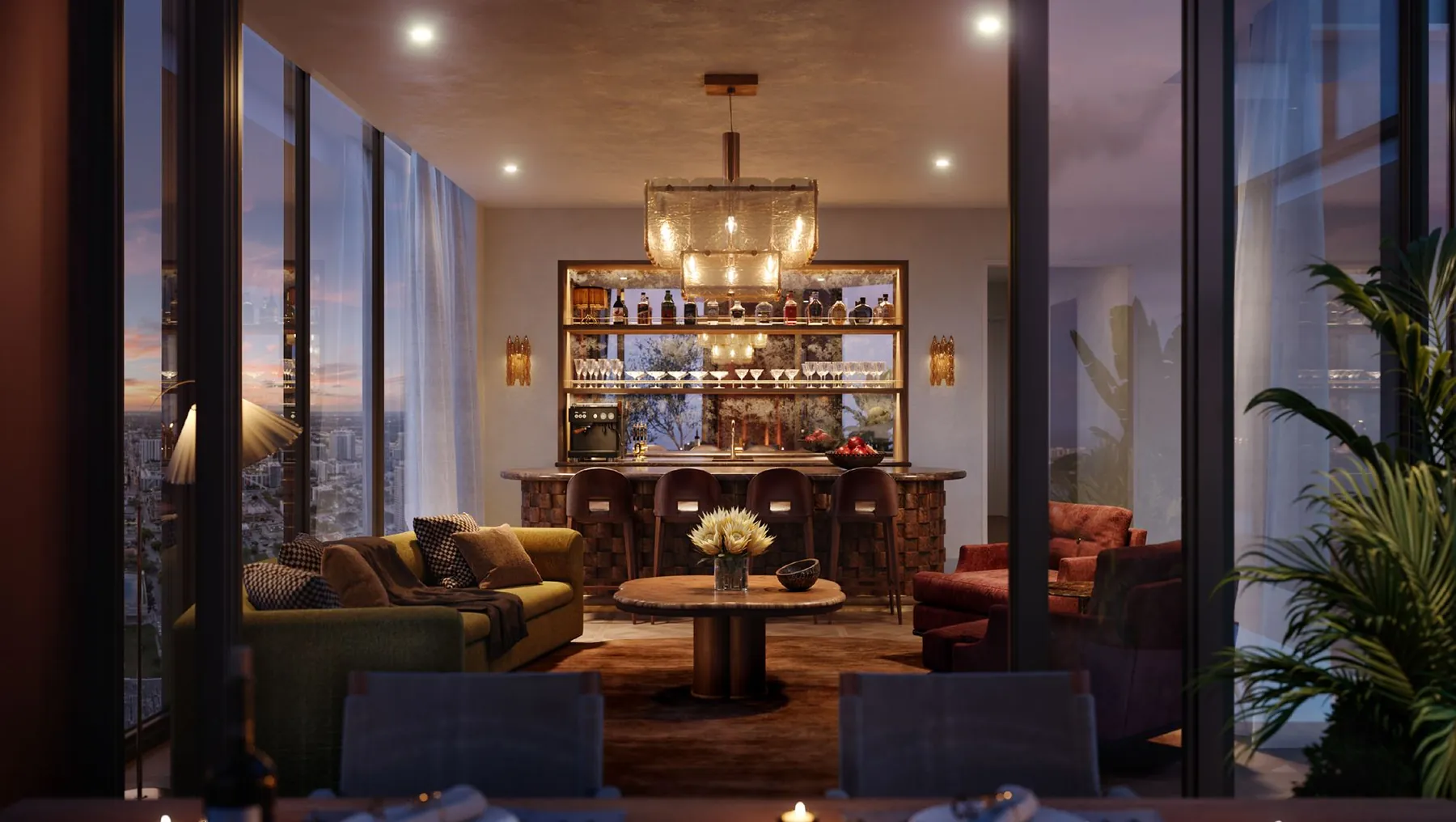 Bar and lounge on the top level at dusk