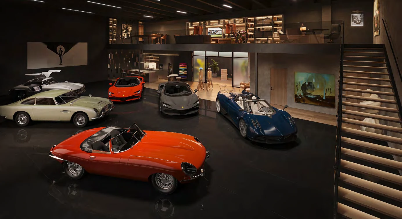 Rendering of a CollectionSuites Palm Beach premium suite with classic and modern sports cars, mezzanine and staircase