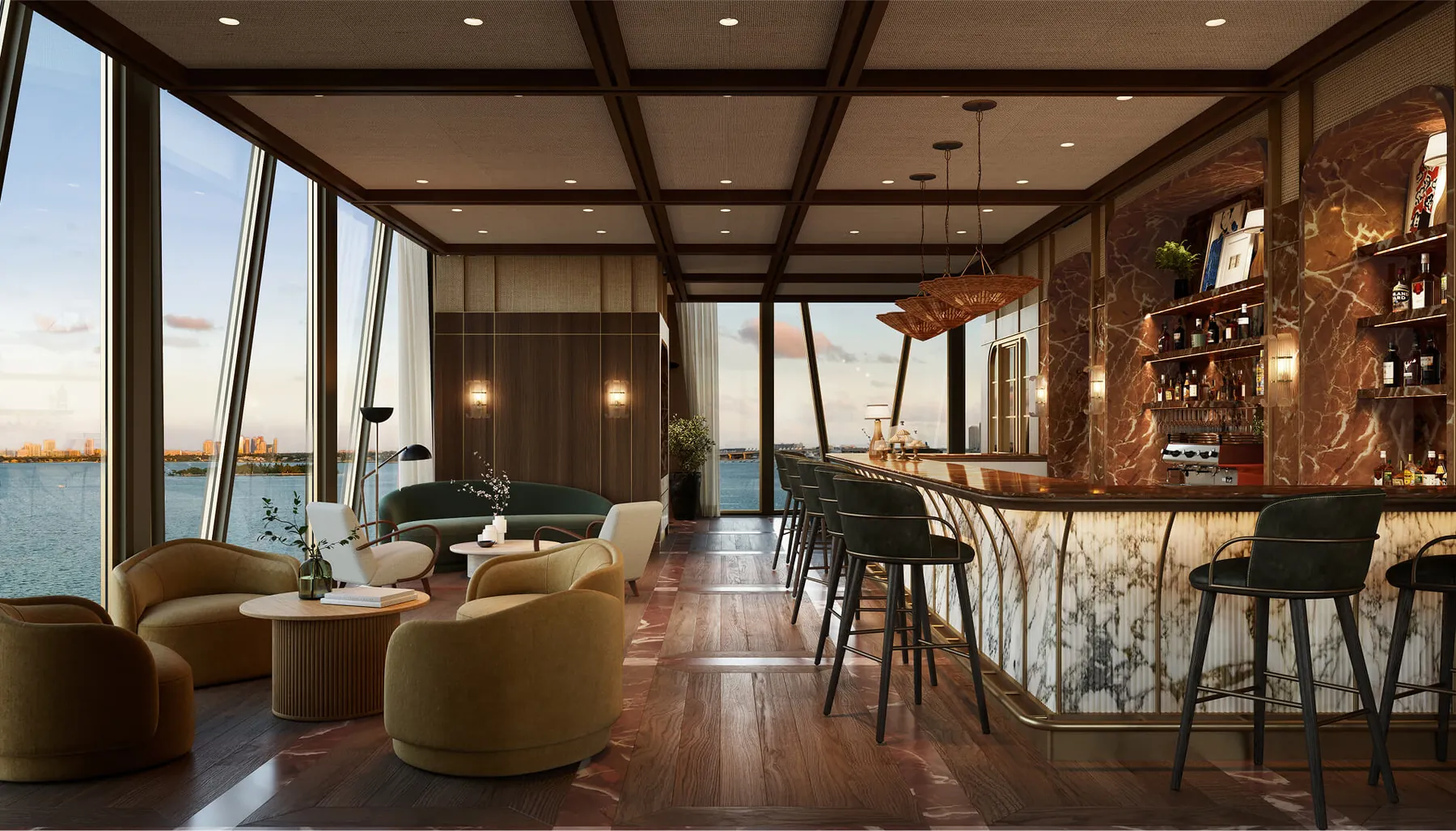 A club lounge with a marble bar and a long window onto the bay