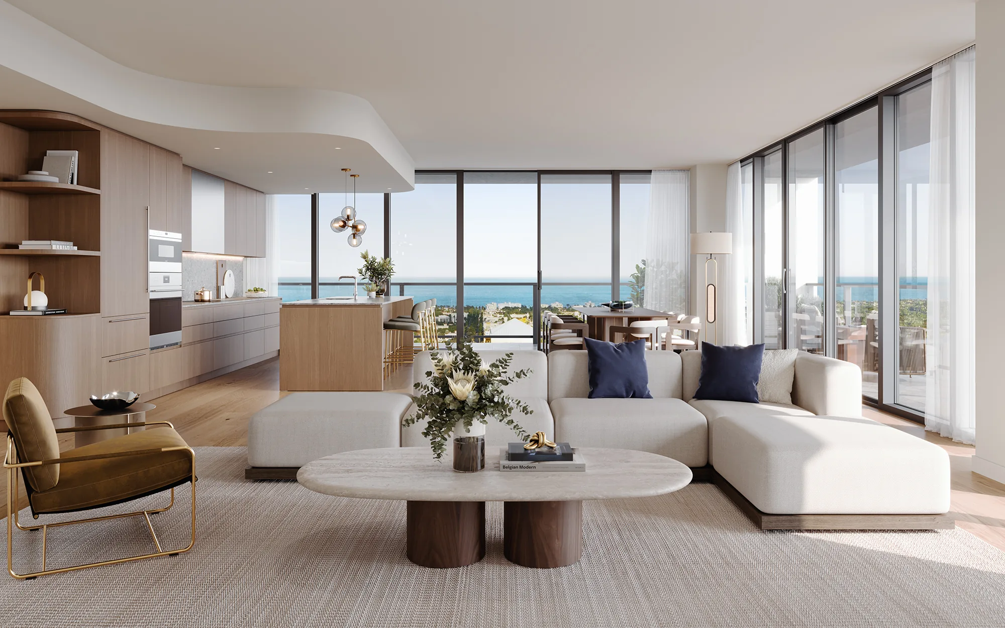 Rendering of the living room of Residence 01 with light-filled glazing