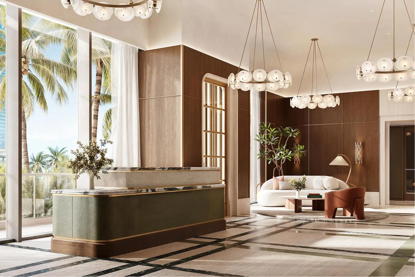 The lobby with a green reception desk and a bay view