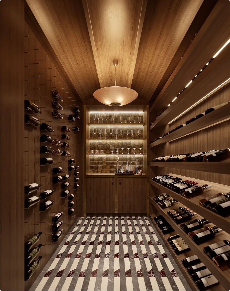 A wood-lined wine cellar