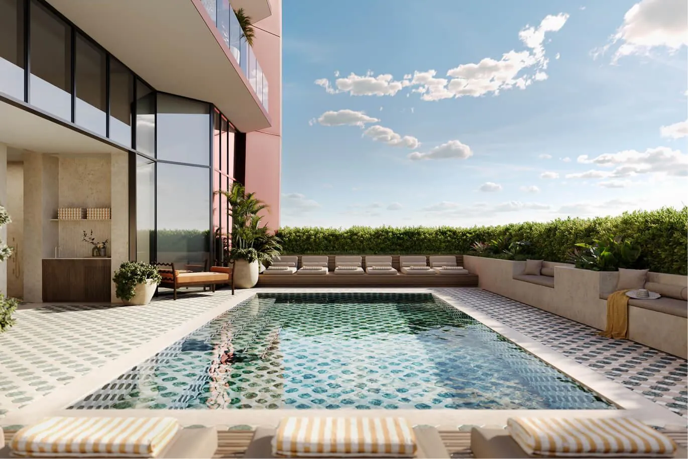 The tiled outdoor pool on the pool deck