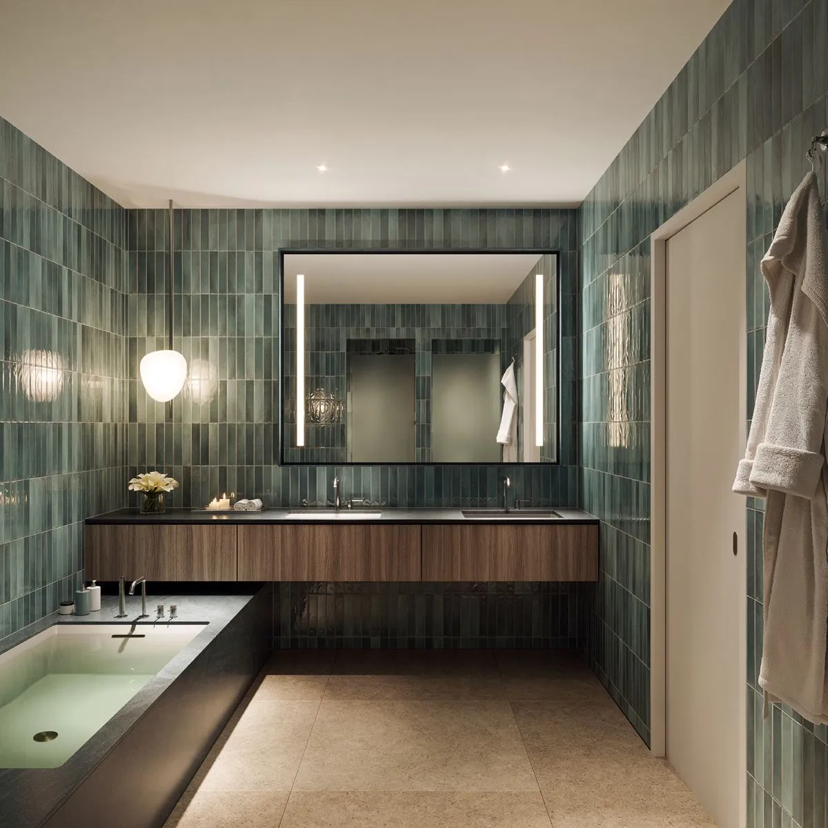Primary bathroom in the Dusk palette, with blue-green tile